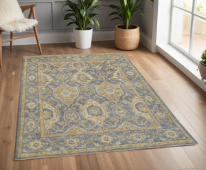 Homeroots 4' X 6' Blue And Gold Wool Floral Hand Knotted Area Rug With Fringe  Wool 512612