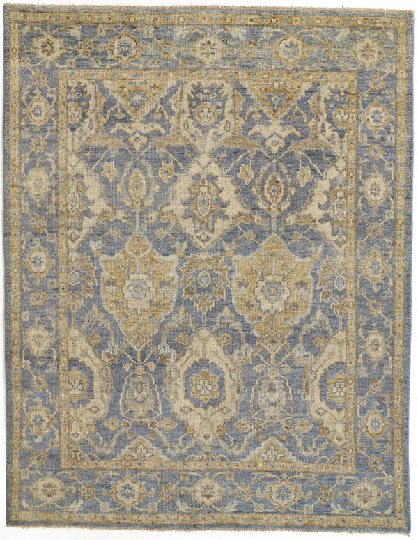 Homeroots 5' X 8' Blue Gold And Tan Wool Floral Hand Knotted Stain Resistant Area Rug With Fringe  Wool 512613