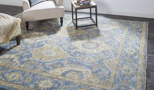 Homeroots 5' X 8' Blue Gold And Tan Wool Floral Hand Knotted Stain Resistant Area Rug With Fringe  Wool 512613