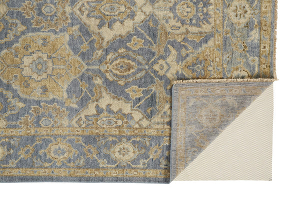 Homeroots 5' X 8' Blue Gold And Tan Wool Floral Hand Knotted Stain Resistant Area Rug With Fringe  Wool 512613