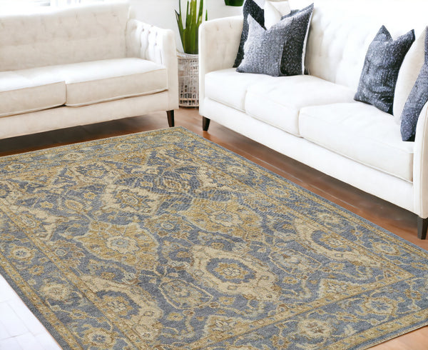 Homeroots 5' X 8' Blue Gold And Tan Wool Floral Hand Knotted Stain Resistant Area Rug With Fringe  Wool 512613