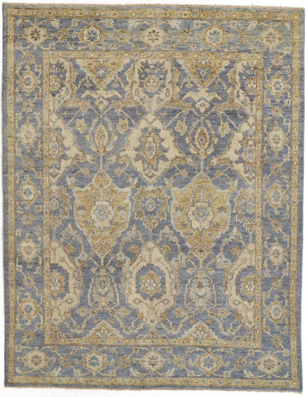 HomeRoots 5' Blue Gold Tan Floral Hand-Knotted Wool Area Rug - Stain Resistant with Decorative Fringe 8' X 10' 512614