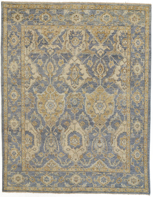 Homeroots 8' X 10' Blue Gold And Tan Wool Floral Hand Knotted Stain Resistant Area Rug With Fringe  Wool 512614