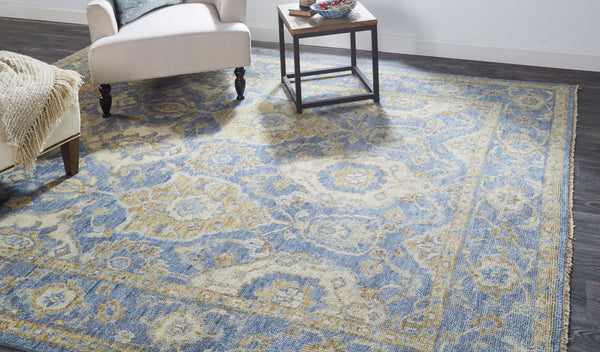 Homeroots 8' X 10' Blue Gold And Tan Wool Floral Hand Knotted Stain Resistant Area Rug With Fringe  Wool 512614