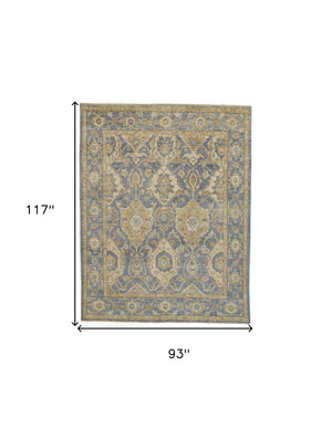 Homeroots 8' X 10' Blue Gold And Tan Wool Floral Hand Knotted Stain Resistant Area Rug With Fringe  Wool 512614