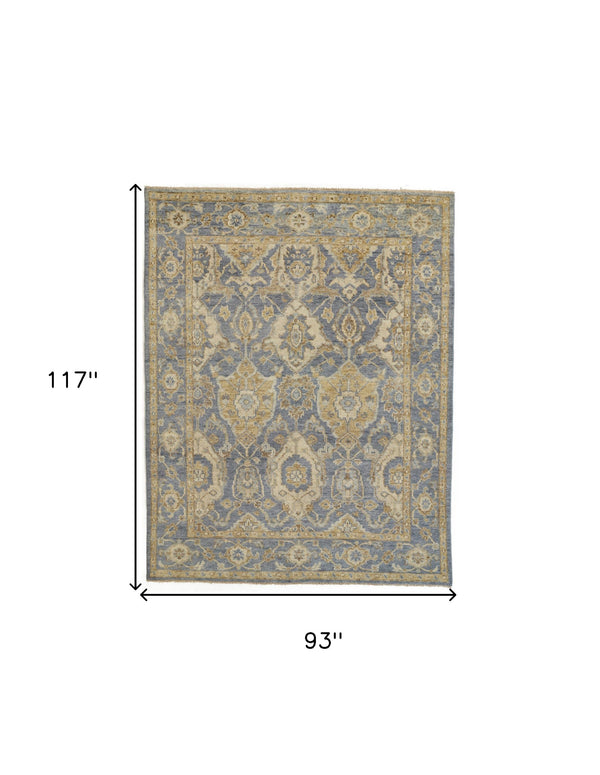 Homeroots 8' X 10' Blue Gold And Tan Wool Floral Hand Knotted Stain Resistant Area Rug With Fringe  Wool 512614