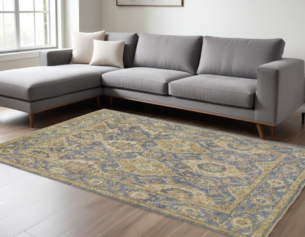 HomeRoots 5' Blue Gold Tan Floral Hand-Knotted Wool Area Rug - Stain Resistant with Decorative Fringe 8' X 10' 512614