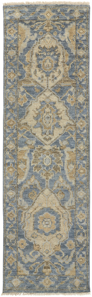 Homeroots 8' Blue And Gold Wool Floral Hand Knotted Runner Rug With Fringe  Wool 512617