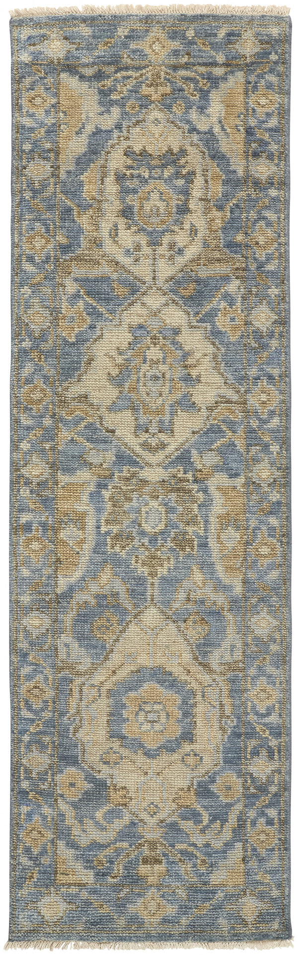 Homeroots 8' Blue And Gold Wool Floral Hand Knotted Runner Rug With Fringe  Wool 512617