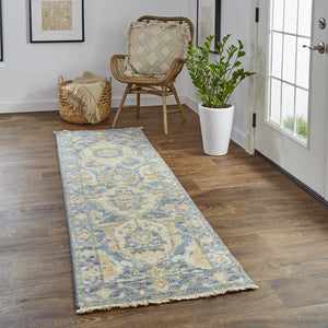 Homeroots 8' Blue And Gold Wool Floral Hand Knotted Runner Rug With Fringe  Wool 512617