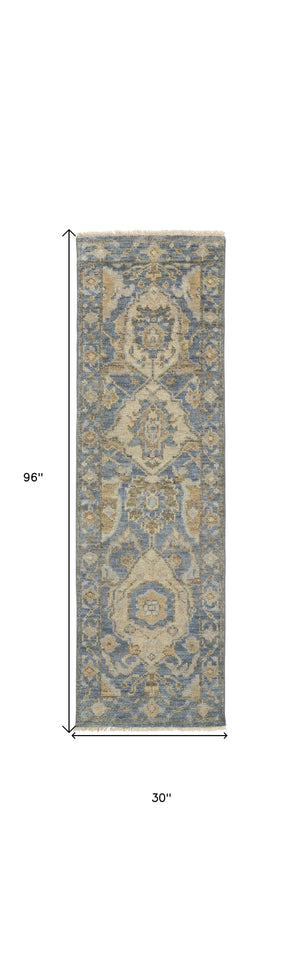 Homeroots 8' Blue And Gold Wool Floral Hand Knotted Runner Rug With Fringe  Wool 512617