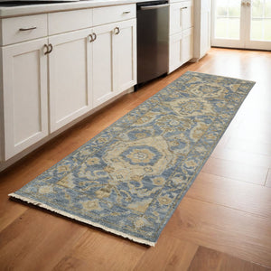 Homeroots 8' Blue And Gold Wool Floral Hand Knotted Runner Rug With Fringe  Wool 512617
