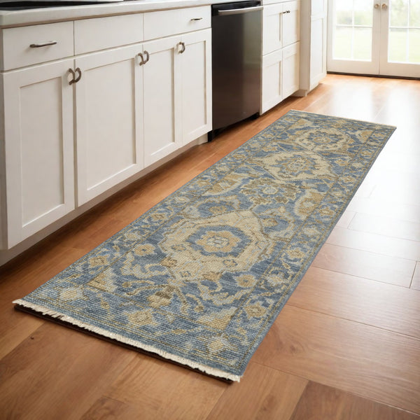 Homeroots 8' Blue And Gold Wool Floral Hand Knotted Runner Rug With Fringe  Wool 512617