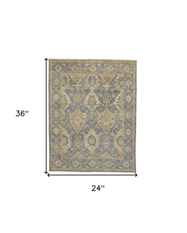 Homeroots 2' X 3' Blue And Gold Wool Floral Hand Knotted Area Rug With Fringe  Wool 512619