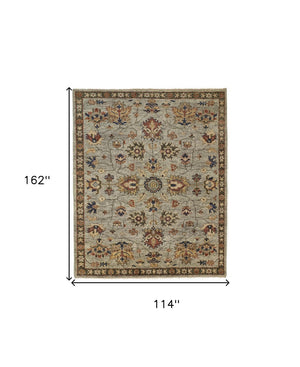 HomeRoots 4' Hand-Knotted Gray and Ivory Wool Oriental Area Rug with Fringed Edges for Timeless Elegance 10' X 13' 512624