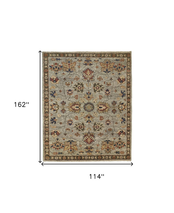 HomeRoots 4' Hand-Knotted Gray and Ivory Wool Oriental Area Rug with Fringed Edges for Timeless Elegance 10' X 13' 512624