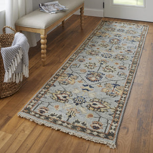 HomeRoots 4' Hand-Knotted Gray and Ivory Wool Oriental Area Rug with Fringed Edges for Timeless Elegance 8' Runner 512625