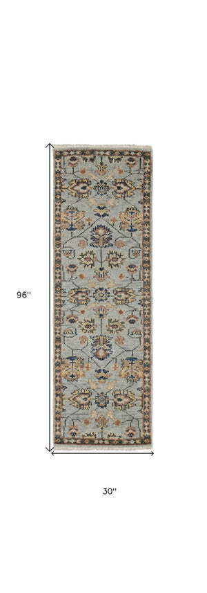 HomeRoots 4' Hand-Knotted Gray and Ivory Wool Oriental Area Rug with Fringed Edges for Timeless Elegance 8' Runner 512625
