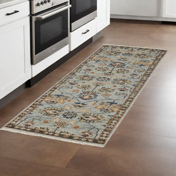 HomeRoots 4' Hand-Knotted Gray and Ivory Wool Oriental Area Rug with Fringed Edges for Timeless Elegance 8' Runner 512625