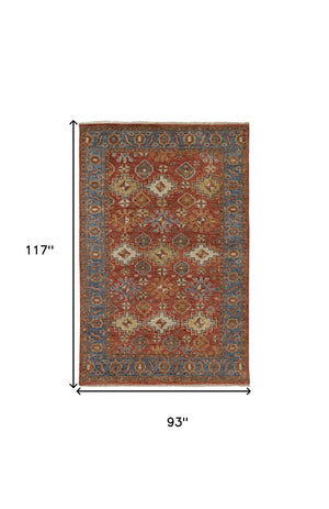 HomeRoots 8' Hand-Knotted Wool Floral Area Rug – Vibrant Red, Blue & Orange Design, Stain-Resistant Elegance 8' x 10' 512630