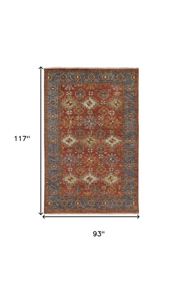 HomeRoots 8' Hand-Knotted Wool Floral Area Rug – Vibrant Red, Blue & Orange Design, Stain-Resistant Elegance 8' x 10' 512630