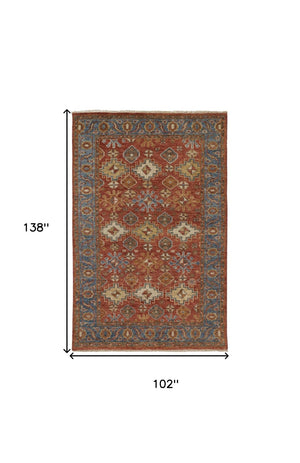 HomeRoots 8' Hand-Knotted Wool Floral Area Rug – Vibrant Red, Blue & Orange Design, Stain-Resistant Elegance 9' X 12' 512631