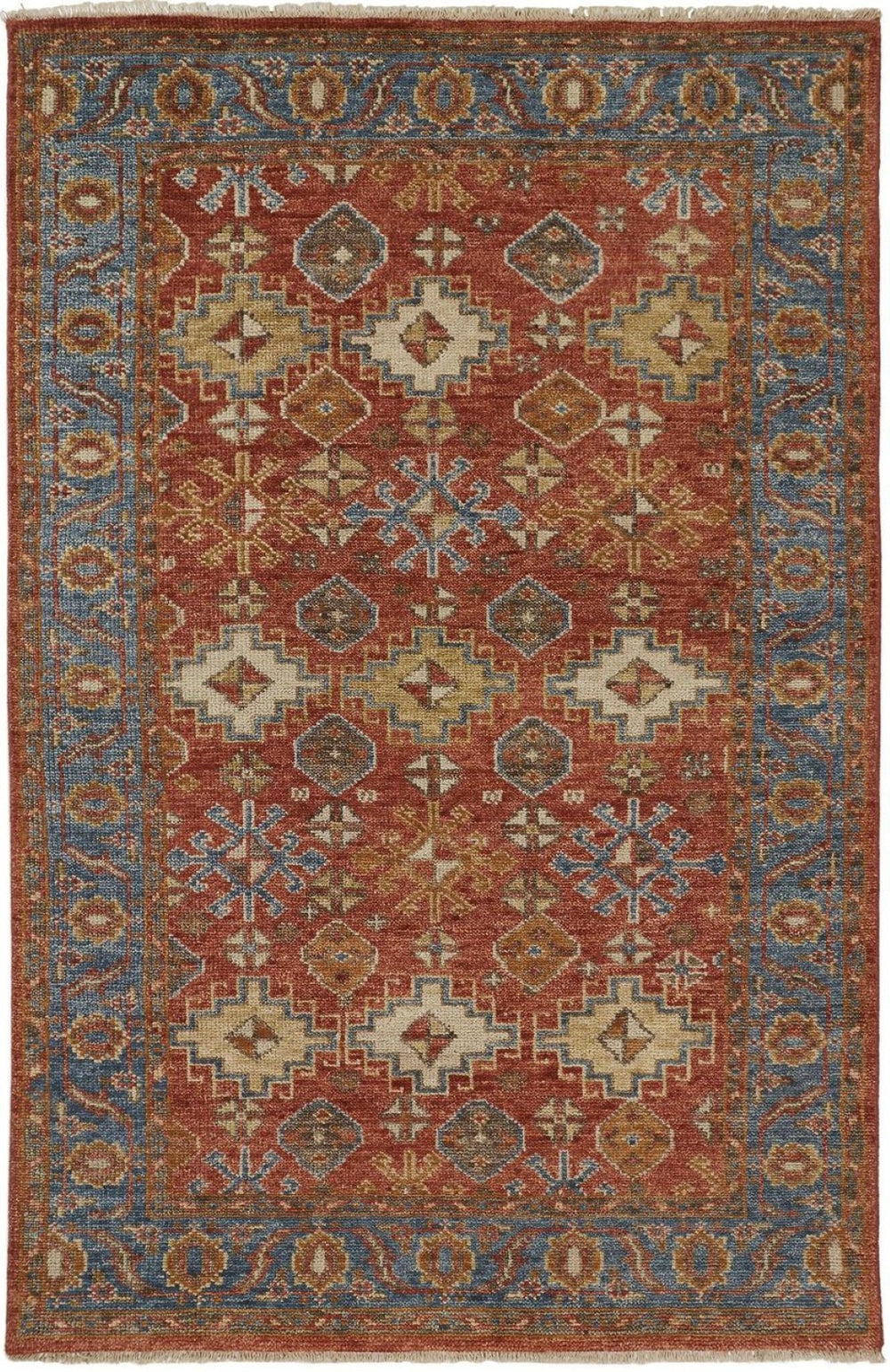 HomeRoots 8' Hand-Knotted Wool Floral Area Rug – Vibrant Red, Blue & Orange Design, Stain-Resistant Elegance 2' X 3' 512635
