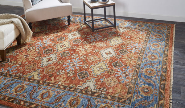 HomeRoots 8' Hand-Knotted Wool Floral Area Rug – Vibrant Red, Blue & Orange Design, Stain-Resistant Elegance 2' X 3' 512635