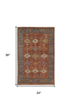 HomeRoots 8' Hand-Knotted Wool Floral Area Rug – Vibrant Red, Blue & Orange Design, Stain-Resistant Elegance 2' X 3' 512635