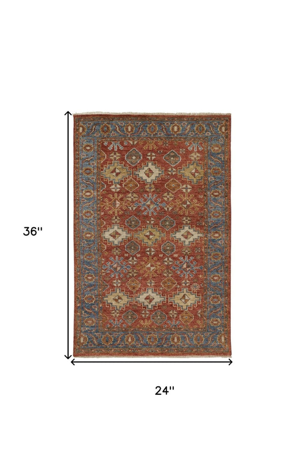 HomeRoots 8' Hand-Knotted Wool Floral Area Rug – Vibrant Red, Blue & Orange Design, Stain-Resistant Elegance 2' X 3' 512635