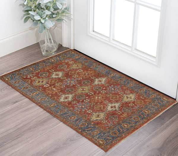 HomeRoots 8' Hand-Knotted Wool Floral Area Rug – Vibrant Red, Blue & Orange Design, Stain-Resistant Elegance 2' X 3' 512635