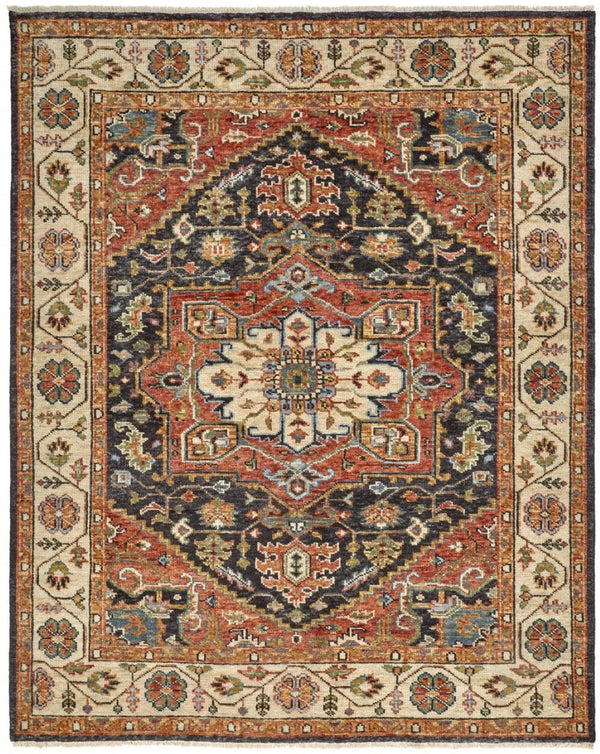 HomeRoots 5' Elegant Hand-Knotted Wool Floral Area Rug in Red, Black, and Ivory - Stain Resistant & Durable 5' X 8' 512645