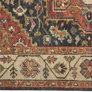 HomeRoots 5' Elegant Hand-Knotted Wool Floral Area Rug in Red, Black, and Ivory - Stain Resistant & Durable 5' X 8' 512645