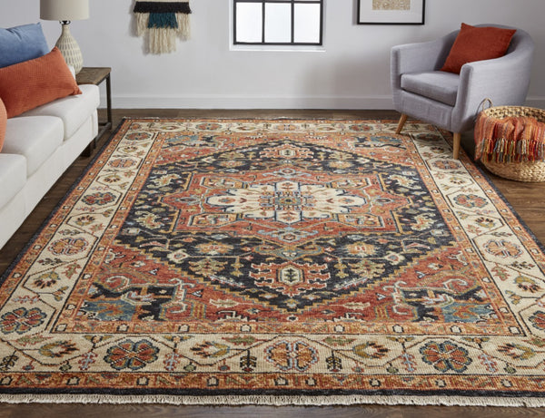 HomeRoots 5' Elegant Hand-Knotted Wool Floral Area Rug in Red, Black, and Ivory - Stain Resistant & Durable 5' X 8' 512645