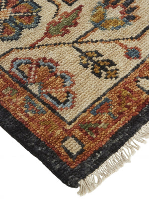 HomeRoots 5' Elegant Hand-Knotted Wool Floral Area Rug in Red, Black, and Ivory - Stain Resistant & Durable 5' X 8' 512645