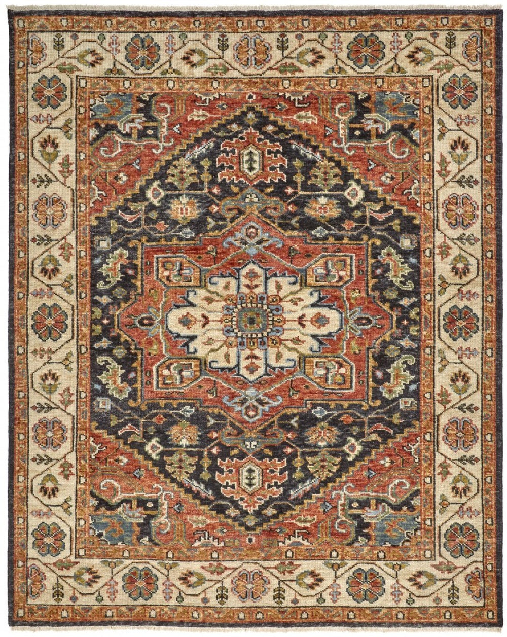 HomeRoots 5' Elegant Hand-Knotted Wool Floral Area Rug in Red, Black, and Ivory - Stain Resistant & Durable 2' X 3' 512651