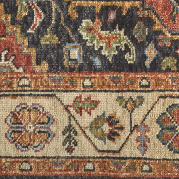 HomeRoots 5' Elegant Hand-Knotted Wool Floral Area Rug in Red, Black, and Ivory - Stain Resistant & Durable 2' X 3' 512651