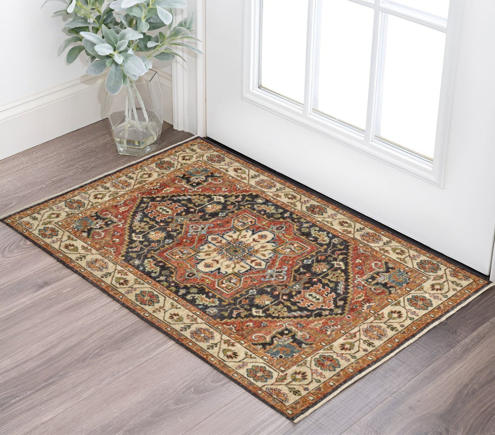 HomeRoots 5' Elegant Hand-Knotted Wool Floral Area Rug in Red, Black, and Ivory - Stain Resistant & Durable 2' X 3' 512651
