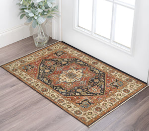 HomeRoots 5' Elegant Hand-Knotted Wool Floral Area Rug in Red, Black, and Ivory - Stain Resistant & Durable 2' X 3' 512651