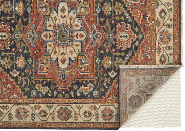 HomeRoots 5' Elegant Hand-Knotted Wool Floral Area Rug in Red, Black, and Ivory - Stain Resistant & Durable 2' X 3' 512651