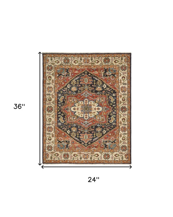 HomeRoots 5' Elegant Hand-Knotted Wool Floral Area Rug in Red, Black, and Ivory - Stain Resistant & Durable 2' X 3' 512651