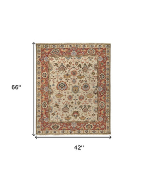 HomeRoots 4' Wool Floral Hand-Knotted Area Rug in Red and Ivory - Timeless Charm for Any Room's Décor 4' X 6' 512652