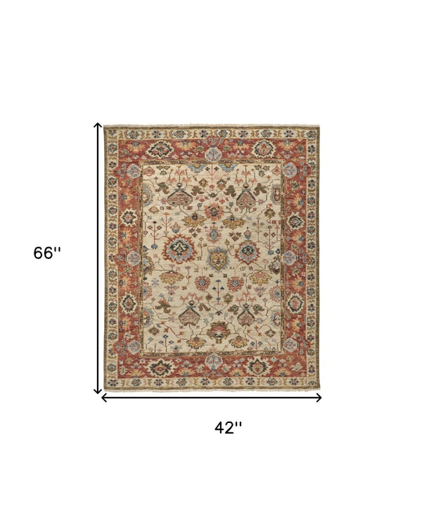 HomeRoots 4' Wool Floral Hand-Knotted Area Rug in Red and Ivory - Timeless Charm for Any Room's Décor 4' X 6' 512652
