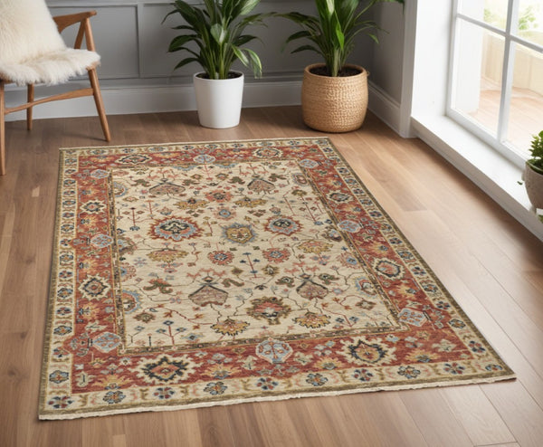 HomeRoots 4' Wool Floral Hand-Knotted Area Rug in Red and Ivory - Timeless Charm for Any Room's Décor 4' X 6' 512652