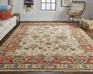 HomeRoots 4' Wool Floral Hand-Knotted Area Rug in Red and Ivory - Timeless Charm for Any Room's Décor 4' X 6' 512652