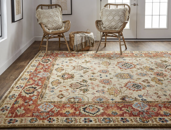 HomeRoots 4' Wool Floral Hand-Knotted Area Rug in Red and Ivory - Timeless Charm for Any Room's Décor 5' X 8' 512653
