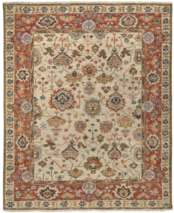 HomeRoots 4' Wool Floral Hand-Knotted Area Rug in Red and Ivory - Timeless Charm for Any Room's Décor 8' X 10' 512654