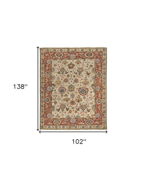 HomeRoots 4' Wool Floral Hand-Knotted Area Rug in Red and Ivory - Timeless Charm for Any Room's Décor 9' X 12' 512655