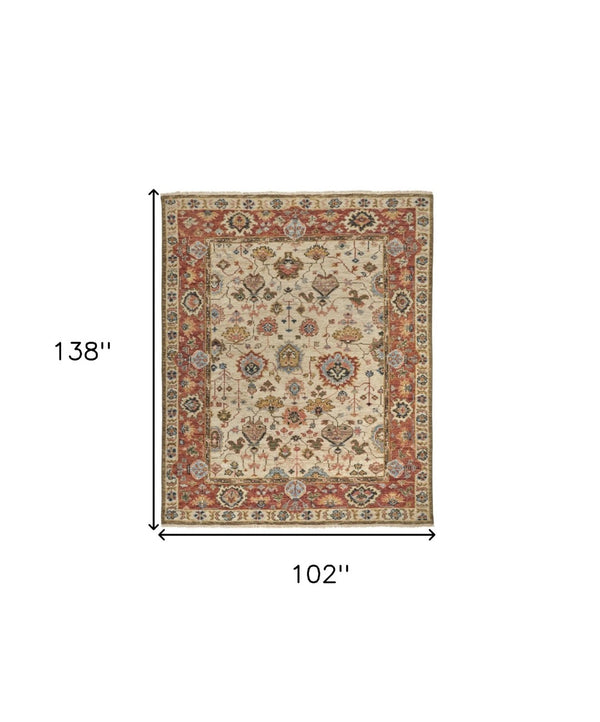 HomeRoots 4' Wool Floral Hand-Knotted Area Rug in Red and Ivory - Timeless Charm for Any Room's Décor 9' X 12' 512655