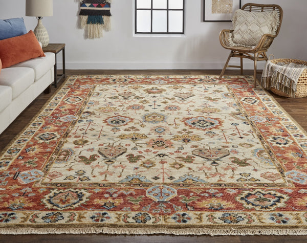 HomeRoots 4' Wool Floral Hand-Knotted Area Rug in Red and Ivory - Timeless Charm for Any Room's Décor 9' X 12' 512655